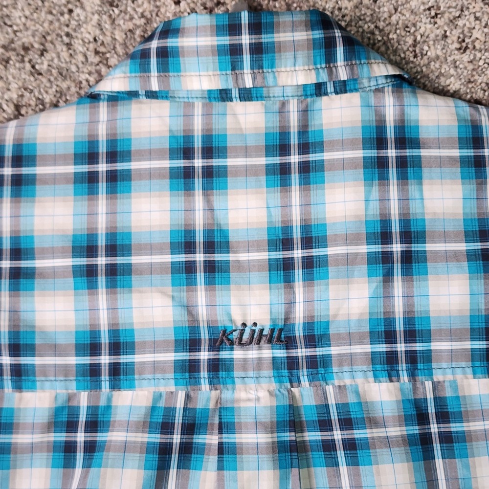Kuhl Plaid Shirt Mens Large Blue Short Sleeve Snap Front Hiking Outdoor EUC - Picture 13 of 16